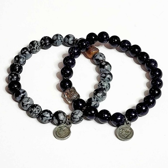 FAY WITH LOVE Double Wrap Black & Charcoal Snowflake Obsidian Bracelet Set - Picture 1 of 9
